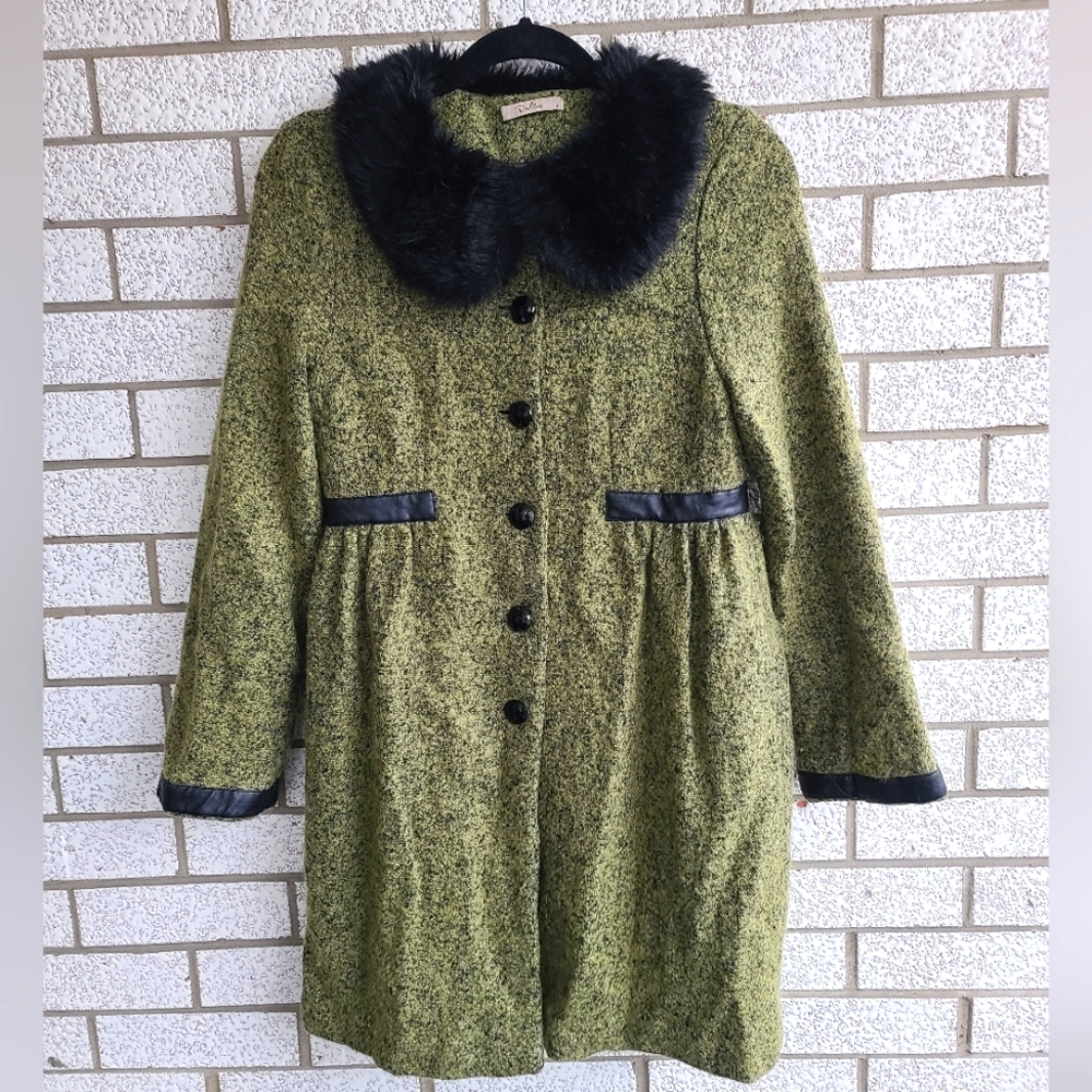Darling Brand Green Wool Jacket with Black Faux Fur Trim